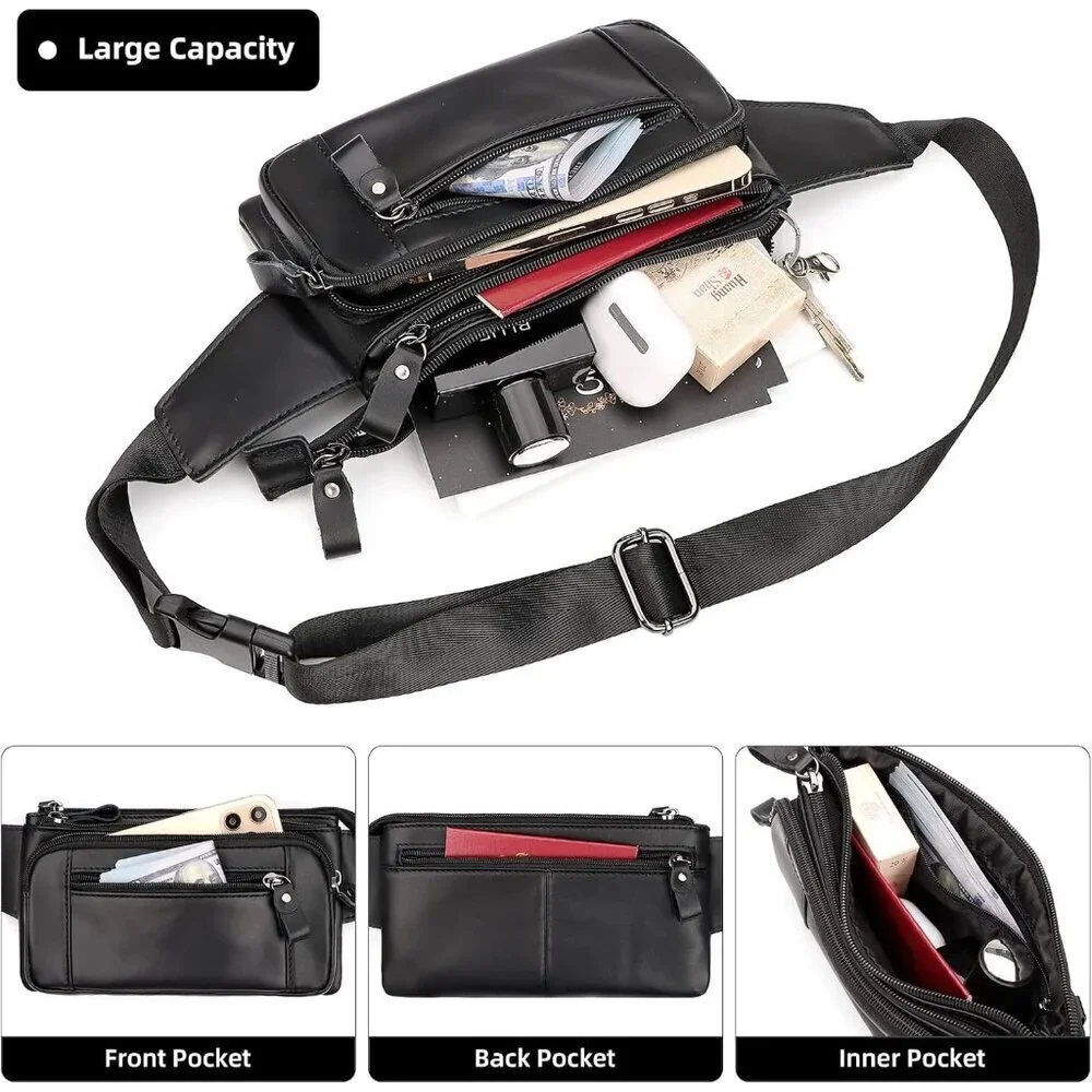 💫 Men Black Leather Adjustable Fashion Small Travel Hiking Cycling Waist Packs